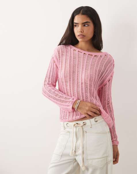 ASOS DESIGN - Gebreide trui met opengewerkte steken in roze - view 1