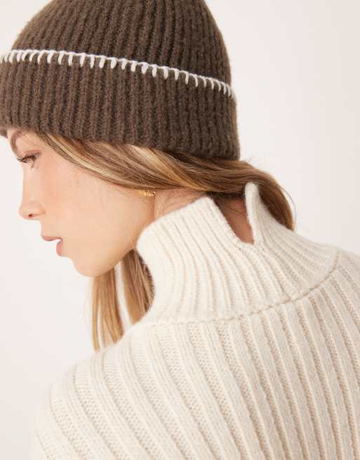ASOS DESIGN - Gebreide trui met opstaande boord en gestructureerde mouwen in crème, 2 van 4