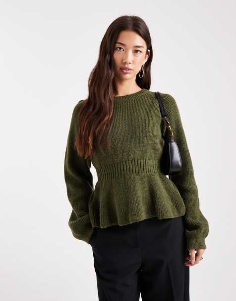 ASOS DESIGN - Gebreide trui met peplum en ingenomen taille in kaki - view 1