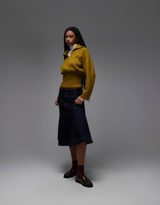 ASOS DESIGN - Gebreide trui met rits en aangesloten taille in olijfgroen, 2 van 4