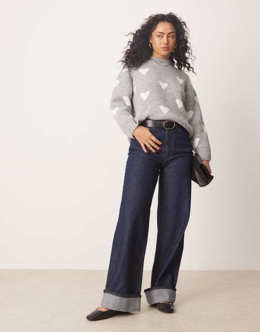 ASOS DESIGN - Gebreide trui met ronde hals en hartjes in grijs, 2 van 4