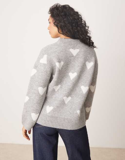 ASOS DESIGN - Gebreide trui met ronde hals en hartjes in grijs, 3 van 4