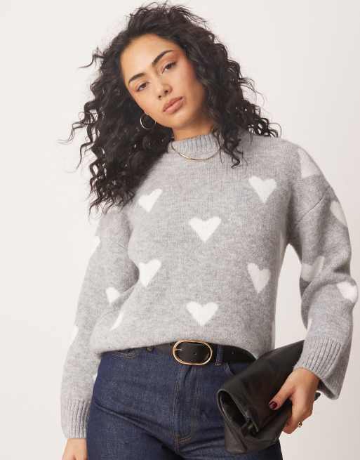 ASOS DESIGN - Gebreide trui met ronde hals en hartjes in grijs, 4 van 4