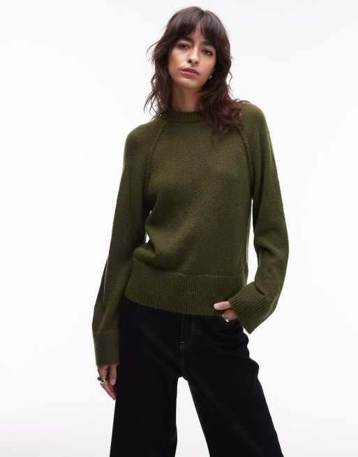 ASOS DESIGN - Gebreide trui met ronde hals en raglanmouwen in kaki