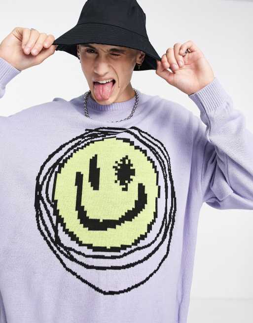 ASOS DESIGN - Gebreide trui met smileys in lichtblauw