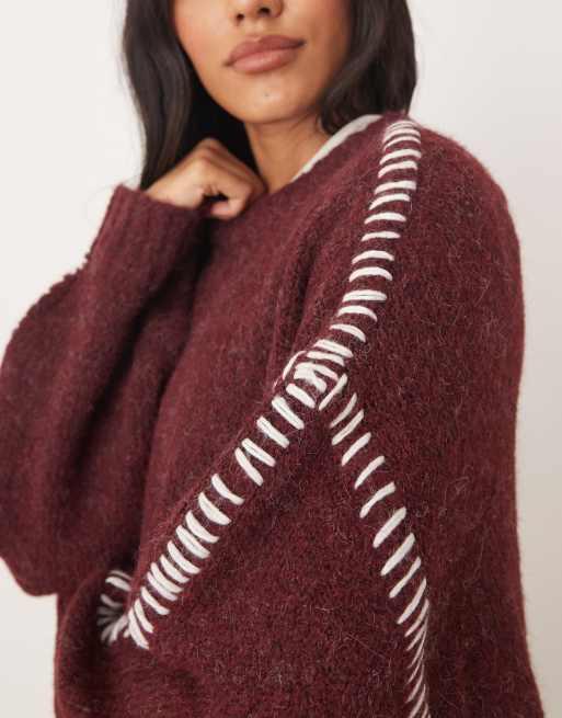 ASOS DESIGN - Gebreide trui met stiksels in bordeauxrood, 2 van 4