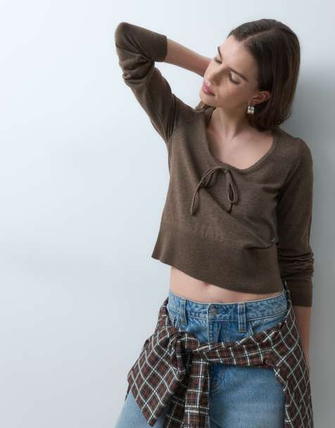 ASOS DESIGN gebreide trui met strikband in de hals in beige - view 1
