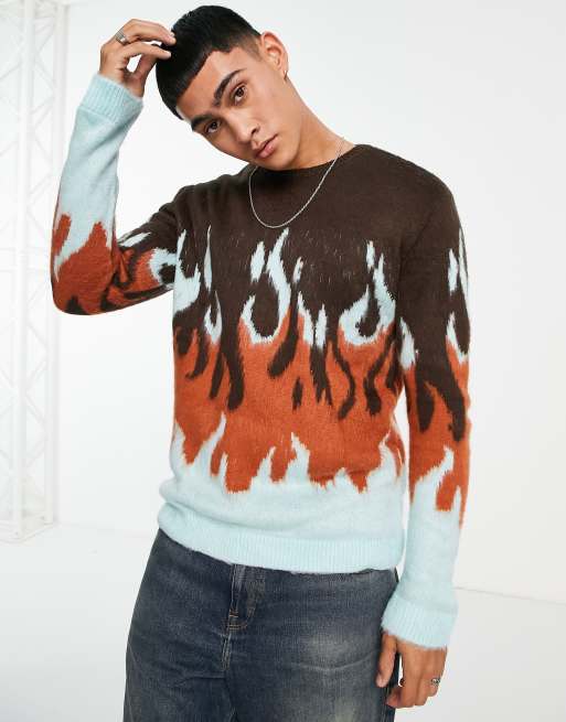 ASOS DESIGN - Gebreide trui met textuur en vlammenmotief in bruin