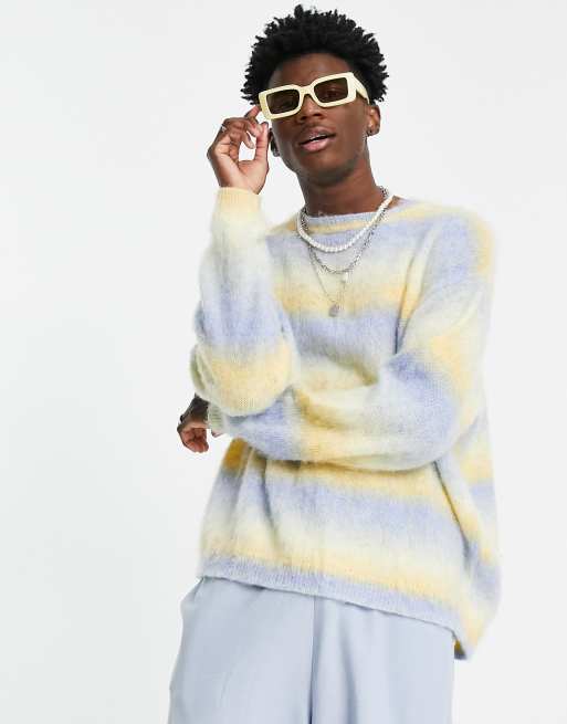 ASOS DESIGN - Gebreide trui met textuur in blauw met gele ombre strepen