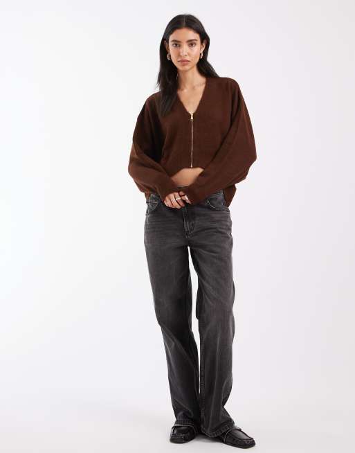 ASOS DESIGN gebreide trui met V-hals en rits in chocoladebruin, 2 van 4