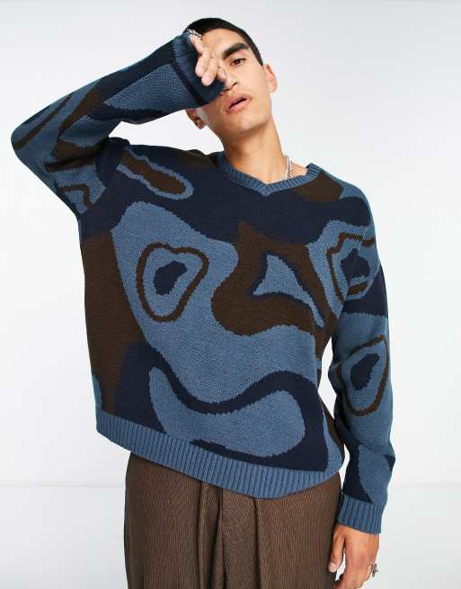 ASOS DESIGN - Gebreide trui met V-hals in abstract ontwerp