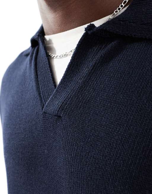 ASOS DESIGN - Gebreide trui van katoenmix met open kraag in marineblauw, 3 van 4