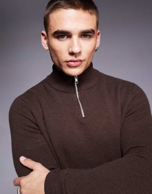 ASOS DESIGN - Gebreide trui van lamswol met korte rits in bruin, 4 van 4