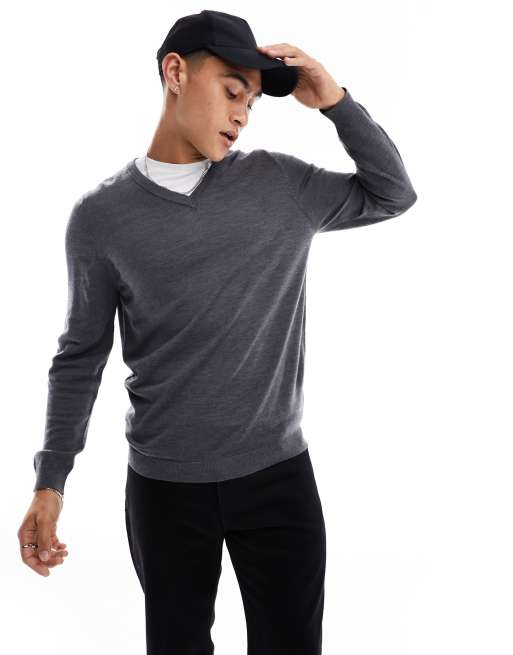 ASOS DESIGN - Gebreide trui van merinowol met V-hals in grijs