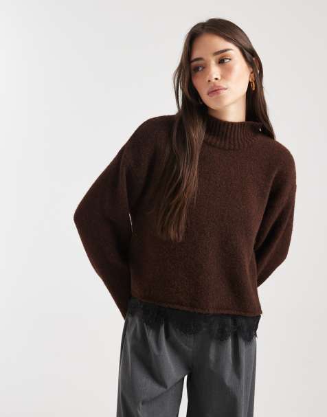 ASOS DESIGN - Gebreide trui van wolmix met kanten rand in chocoladebruin - view 1
