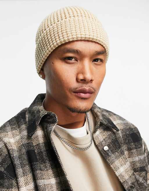 ASOS DESIGN - Gebreide vissersbeanie met wafelstructuur in beige