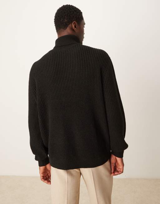 ASOS DESIGN - Gebreide visserstrui met oversized pasvorm, col en ribbels in zwart, 4 van 4