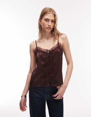 ASOS DESIGN - Gebundenes Camisole-Oberteil aus Satin in Braun mit Spitzenborte-Brown