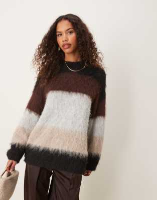 ASOS DESIGN - Gebürsteter Oversize-Pullover mit Rundhalsausschnitt und Streifenmuster-Bunt