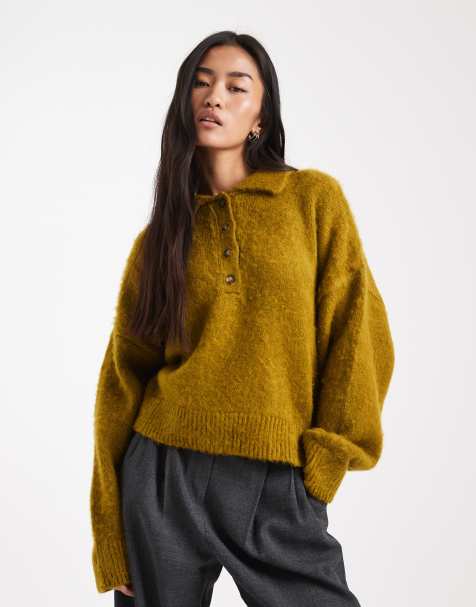 ASOS DESIGN – Gebürstetes Polohemd aus Strick in Grün mit kastigem Schnitt - view 1
