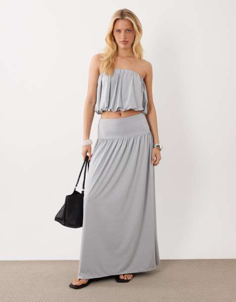 ASOS DESIGN - Gedrapeerde bandeau-top met pofzoom in gemêleerd grijs, deel van co-ord set - view 1