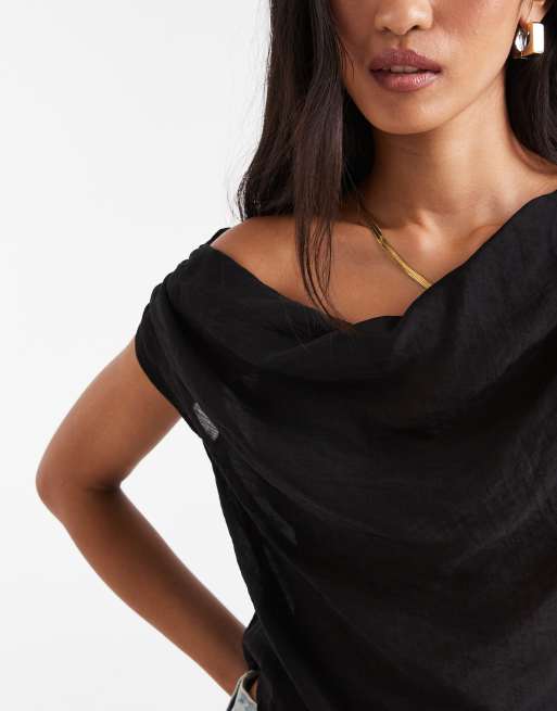 ASOS DESIGN - Gedrapeerde doorschijnende top met blote schouder in zwart, 3 van 4
