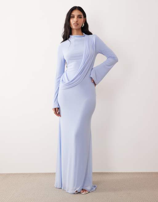 ASOS DESIGN - Gedrapeerde hoogsluitende maxi jurk van mesh met lange mouwen in blauw, 2 van 4