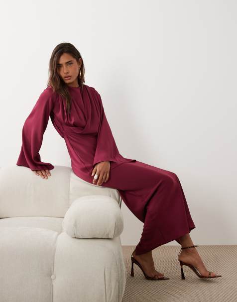 ASOS DESIGN - Gedrapeerde jurk met uitlopende mouwen in frambozenroze - view 1