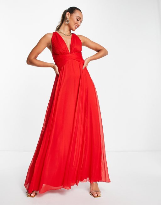 ASOS DESIGN - Gedrapeerde lange jurk met gerimpeld lijfje met overslag in de taille in rood
