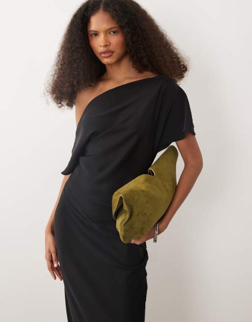ASOS DESIGN - Gedrapeerde maxi-jurk met asymmetrische hals in zwart, 2 van 4