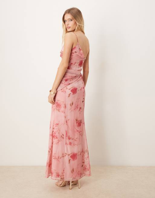 ASOS DESIGN - Gedrapeerde maxi jurk met blote schouder en bloemenprint in roze, 3 van 4