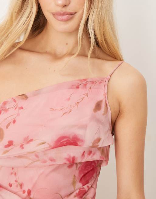 ASOS DESIGN - Gedrapeerde maxi jurk met blote schouder en bloemenprint in roze, 4 van 4