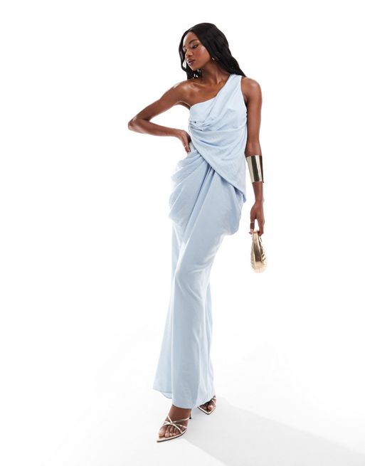 FhyzicsShops DESIGN - Gedrapeerde maxi-jurk met blote schouder en volle rok in blauw