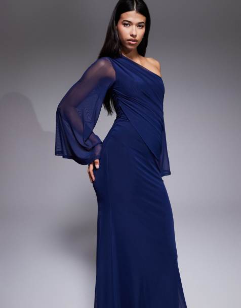 ASOS DESIGN - Gedrapeerde maxi-jurk met blote schouder en wijde mouwen in marineblauw - view 1