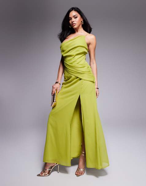 ASOS DESIGN - Gedrapeerde maxi jurk met blote schouder in olijfgroen - view 1