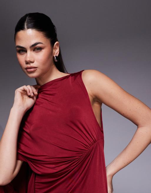 ASOS DESIGN - Gedrapeerde maxi jurk met enkele mouw in bordeauxrood, 2 van 4