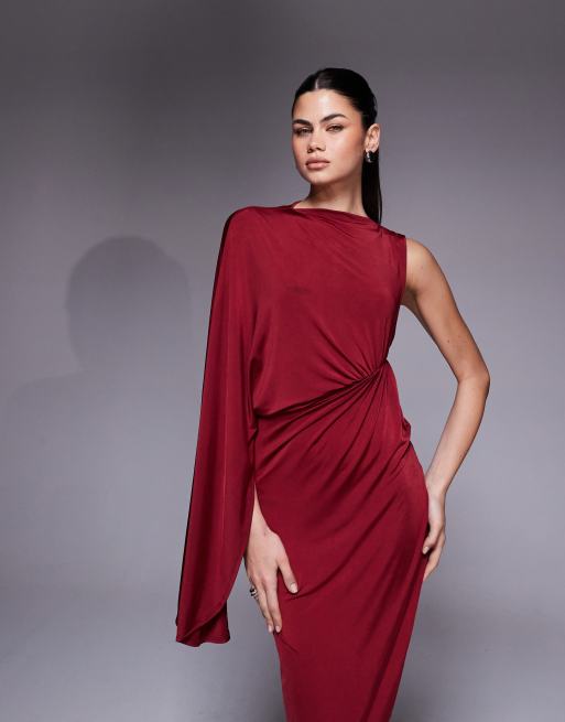 ASOS DESIGN - Gedrapeerde maxi jurk met enkele mouw in bordeauxrood, 4 van 4