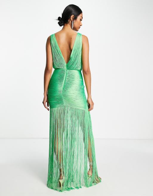 ASOS DESIGN - Gedrapeerde maxi-jurk met franje en overslag in groen, 2 van 4