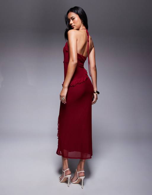 ASOS DESIGN - Gedrapeerde maxi-jurk met gestrikte zijkant en ruches in donker kersenrood, 3 van 4