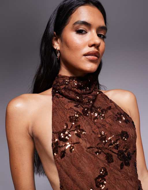 ASOS DESIGN - Gedrapeerde maxi-jurk met halternek, kant, lovertjes en open achterkant in bruin, 4 van 4