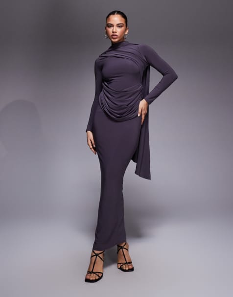 ASOS DESIGN - Gedrapeerde maxi-jurk met lange mouwen in leisteengrijs - view 1