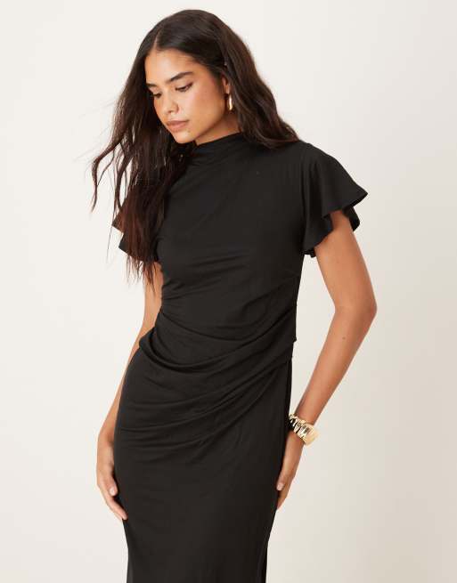 ASOS DESIGN - Gedrapeerde maxi-jurk met uitlopende mouwen in zwart, 2 van 4
