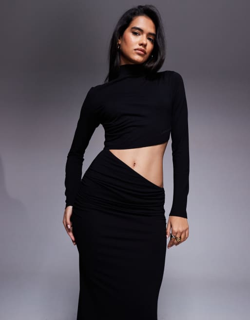 ASOS DESIGN - Gedrapeerde maxi jurk met uitsnijding en hoge hals in zwart, 4 van 4