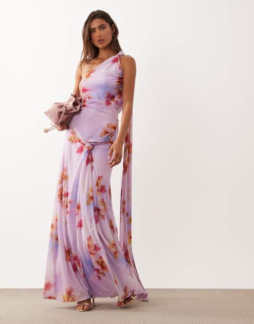 ASOS DESIGN - Gedrapeerde maxi jurk van chiffon met stretch en bloemenprint in roze, 2 van 4