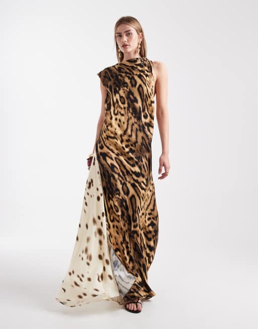 ASOS DESIGN - Gedrapeerde maxi jurk van gecombineerde stof in dierenprint, 2 van 4
