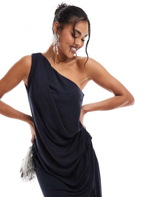 ASOS DESIGN - Gedrapeerde maxi-jurk van linnen met stretch en blote schouder in antraciet, 3 van 4