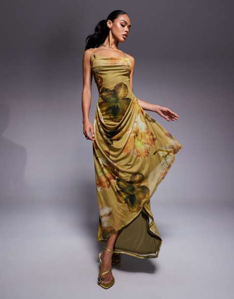 ASOS DESIGN - Gedrapeerde maxi-jurk van mesh met halternek en bloemenprint in groen - view 1