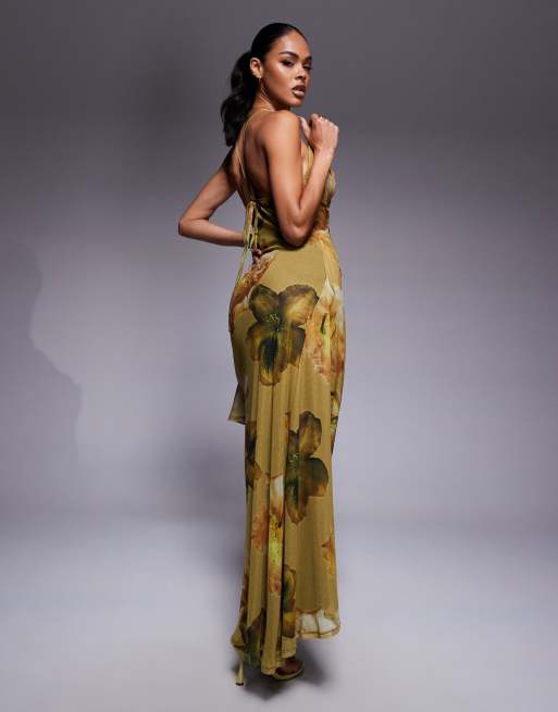 ASOS DESIGN - Gedrapeerde maxi-jurk van mesh met halternek en bloemenprint in groen, 3 van 4