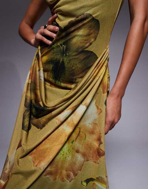 ASOS DESIGN - Gedrapeerde maxi-jurk van mesh met halternek en bloemenprint in groen, 4 van 4