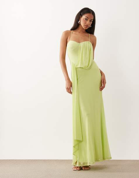 ASOS DESIGN - Gedrapeerde maxi jurk van mesh met hartvormige halslijn in zacht limoengroen - view 1